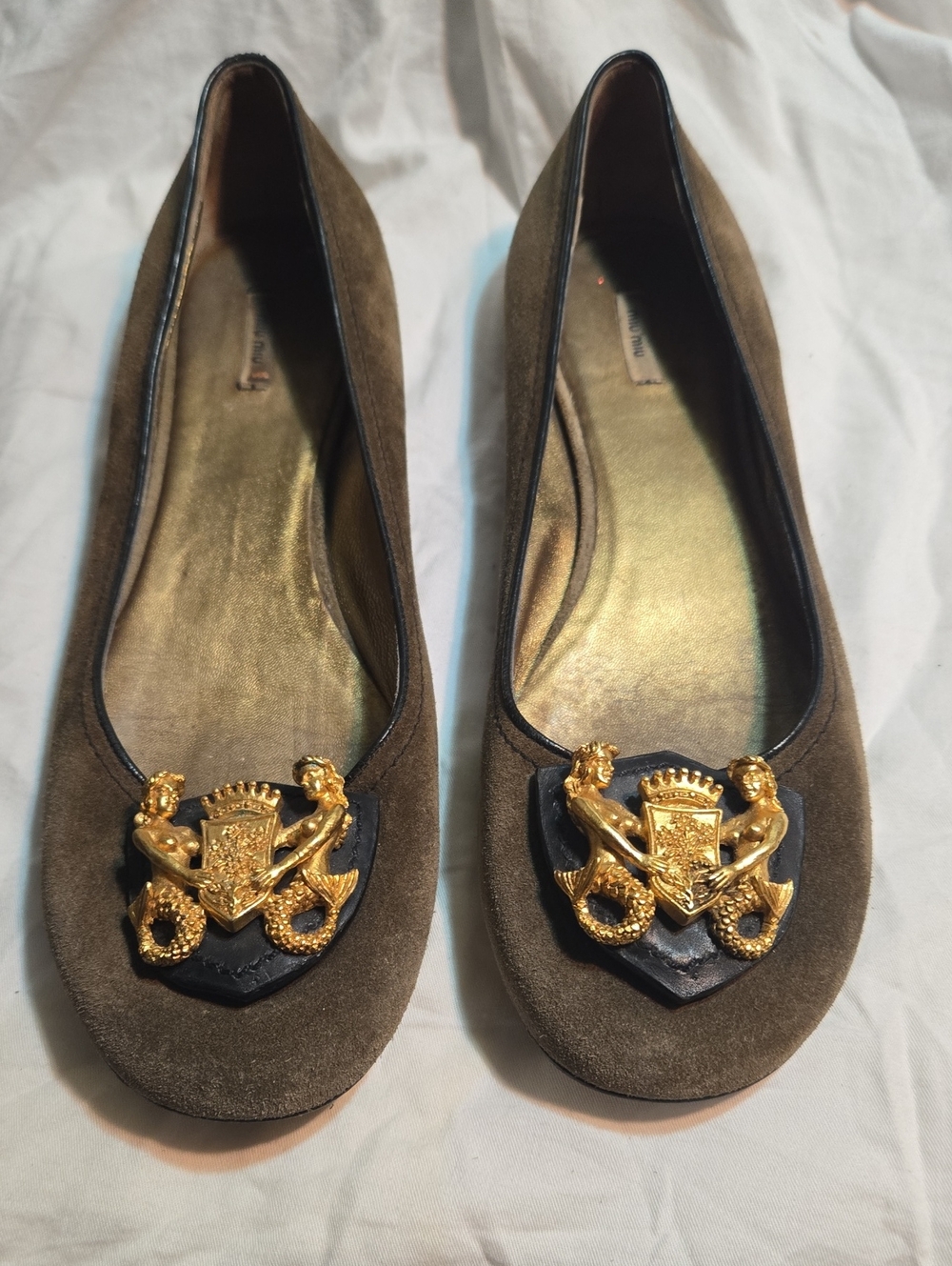 Olive Suede Women's Ballet Flats with Gold Crest Accent